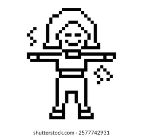 Cartoon pixel character cute woman exercises training dance lifestyle music decoration life style 8 bit female girl dance with music game 8bit fitness isolated vector.