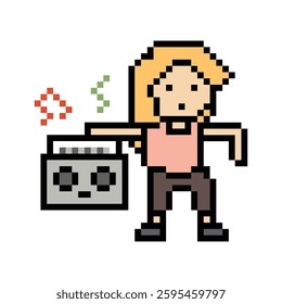 Cartoon pixel character cute woman exercises training dance lifestyle music decoration life style 8 bit female girl dance with music game 8bit fitness isolated vector.