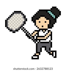 Cartoon pixel character cute woman lady exercise training play badminton tennis lifestyle decoration life style 8 bit female girl game badminton 8bit fitness isolated vector.