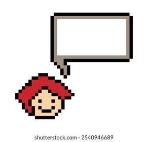 Cartoon pixel cute character chat box man face with chat blank decoration 8 bit male boy say speak discuss idea chat box blank cartoon pixel game vector.