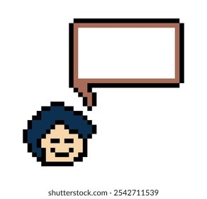 Cartoon pixel cute character chat box man face with chat blank decoration 8 bit male boy say speak discuss idea chat box blank cartoon pixel game vector.