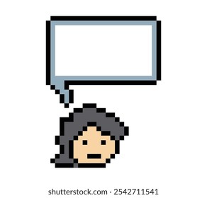 Cartoon pixel cute character chat box man face with chat blank decoration 8 bit male boy say speak discuss idea chat box blank cartoon pixel game vector.