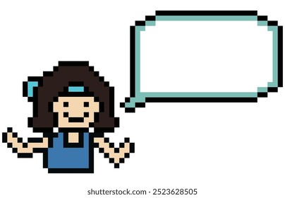 Cartoon pixel cute cartoon character face woman with chat blank decoration 8 bit female girl say speak discuss idea chat box cartoon pixel game vector.