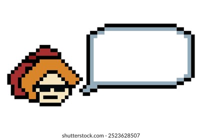 Cartoon pixel cute cartoon character face woman with chat blank decoration 8 bit female girl say speak discuss idea chat box cartoon pixel game vector.