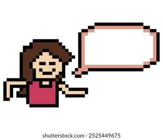 Cartoon pixel cute cartoon character face woman with chat blank decoration 8 bit female girl say speak discuss idea chat box cartoon pixel game vector.