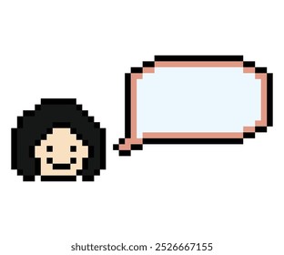 Cartoon pixel cute cartoon character face woman with chat blank decoration 8 bit female girl say speak discuss idea chat box cartoon pixel game vector.