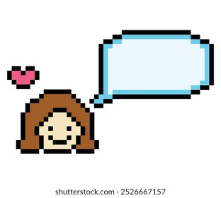 Cartoon pixel cute cartoon character face woman with chat blank decoration 8 bit female girl say speak discuss idea chat box cartoon pixel game vector.