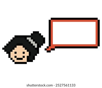 Cartoon pixel cute cartoon character face woman with chat blank decoration 8 bit female girl say speak discuss idea chat box cartoon pixel game vector.