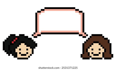 Cartoon pixel cute cartoon character face group woman with chat blank decoration 8 bit team female girl say speak discuss idea chat box cartoon pixel game vector.