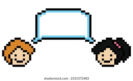 Cartoon pixel cute cartoon character face man woman team work with chat blank decoration 8 bit boy girl say speak discuss idea chat box cartoon pixel game vector.