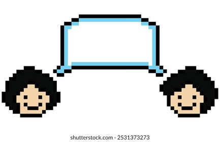 Cartoon pixel cute cartoon character face group man with chat blank decoration 8 bit team male boy say speak discuss idea chat box cartoon pixel game vector.