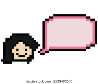 Cartoon pixel cute cartoon character face woman with chat blank decoration 8 bit female girl say speak discuss idea chat box cartoon pixel game vector.