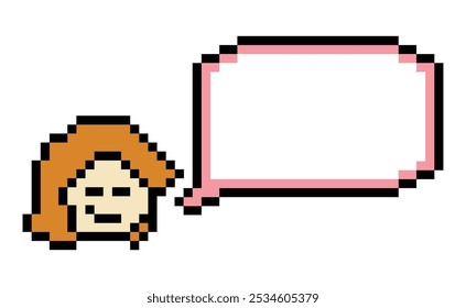 Cartoon pixel cute cartoon character face woman with chat blank decoration 8 bit female girl say speak discuss idea chat box cartoon pixel game vector.