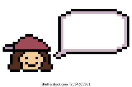 Cartoon pixel cute cartoon character face woman with chat blank decoration 8 bit female girl say speak discuss idea chat box cartoon pixel game vector.