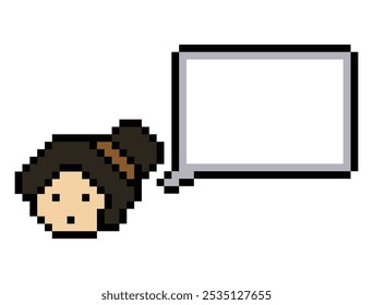 Cartoon pixel cute cartoon character face woman with chat blank decoration 8 bit female girl say speak discuss idea chat box cartoon pixel game vector.