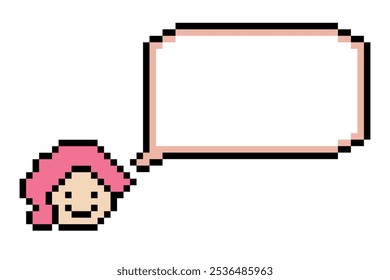 Pixel de dibujos animados lindo personaje de dibujos animados cara mujer con chat en blanco decoración 8 bit hembra chica dice hablar idea chat box de dibujos animados pixel juego Vector.