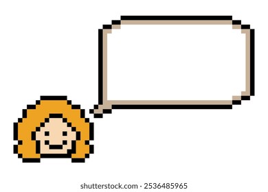 Pixel de dibujos animados lindo personaje de dibujos animados cara mujer con chat en blanco decoración 8 bit hembra chica dice hablar idea chat box de dibujos animados pixel juego Vector.