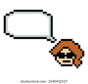 Pixel de dibujos animados lindo personaje de dibujos animados cara mujer con chat en blanco decoración 8 bit hembra chica dice hablar idea chat box de dibujos animados pixel juego Vector.