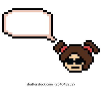 Cartoon pixel cute cartoon character face woman with chat blank decoration 8 bit female girl say speak discuss idea chat box cartoon pixel game vector.