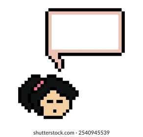 Desenho animado pixel bonitinho personagem de desenho animado rosto mulher com bate-papo em branco decoração 8 bit feminino dizer falar discutir ideia caixa de chat desenho animado pixel vetor jogo.