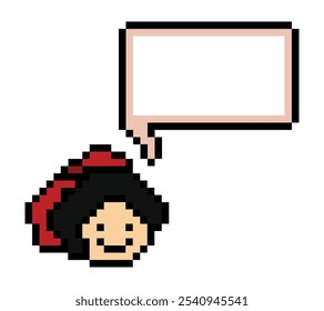 Pixel de dibujos animados lindo personaje de dibujos animados cara mujer con chat en blanco decoración 8 bit hembra chica dice hablar idea chat box de dibujos animados pixel juego Vector.