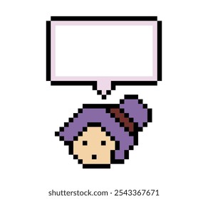 Pixel de dibujos animados lindo personaje de dibujos animados cara mujer con chat en blanco decoración 8 bit hembra chica dice hablar idea chat box de dibujos animados pixel juego Vector.