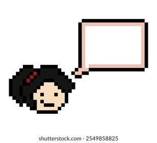 Pixel de dibujos animados lindo personaje de dibujos animados cara mujer con chat en blanco decoración 8 bit hembra chica dice hablar idea chat box de dibujos animados pixel juego Vector.