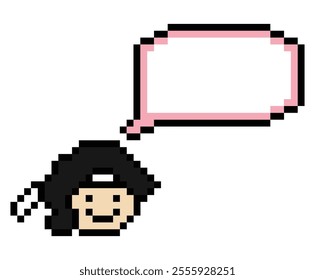 Cartoon pixel cute cartoon character face woman with chat blank decoration 8 bit female girl say speak discuss idea chat box cartoon pixel game vector.