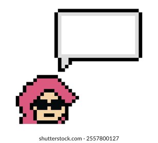 Cartoon pixel cute cartoon character face woman with chat blank decoration 8 bit female girl say speak discuss idea chat box cartoon pixel game vector.