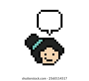 Cartoon pixel cute cartoon character face woman with chat blank decoration 8 bit female girl say speak discuss idea chat box cartoon pixel 8bit game vector.