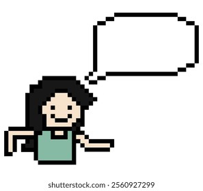 Cartoon pixel cute cartoon character face woman with chat blank decoration 8 bit female girl say speak discuss idea chat box cartoon pixel game vector.