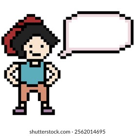 Cartoon pixel cute cartoon character face woman with chat blank decoration 8 bit female girl say speak discuss idea chat box cartoon pixel game 8bit vector.