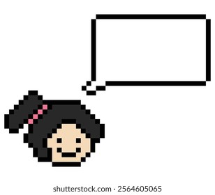 Cartoon pixel cute cartoon character face woman with chat blank decoration 8 bit female girl say speak discuss idea chat box cartoon pixel game 8 bit vector.