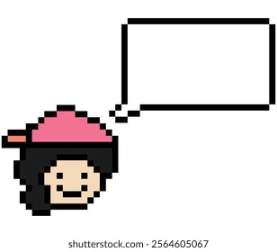 Cartoon pixel cute cartoon character face woman with chat blank decoration 8 bit female girl say speak discuss idea chat box cartoon pixel game 8 bit vector.