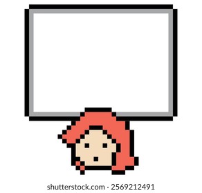 Cartoon pixel cute cartoon character face woman with chat blank decoration 8 bit female girl say speak discuss idea chat box cartoon pixel game 8bit vector.