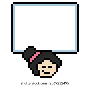 Cartoon pixel cute cartoon character face woman with chat blank decoration 8 bit female girl say speak discuss idea chat box cartoon pixel game 8bit vector.