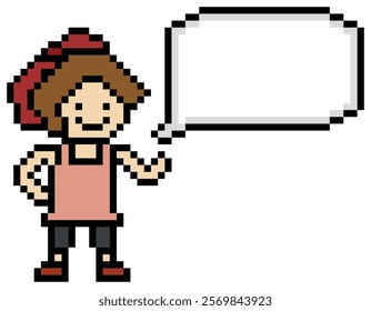 Cartoon pixel cute cartoon character face woman with chat blank decoration 8 bit female girl say speak discuss idea chat box cartoon pixel game 8bit vector.