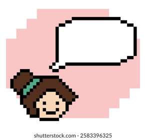 Cartoon pixel cute cartoon character face woman with chat blank decoration 8 bit female girl say speak discuss idea chat box cartoon pixel game 8bit vector.