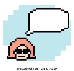 Cartoon pixel cute cartoon character face woman with chat blank decoration 8 bit female girl say speak discuss idea chat box cartoon pixel game 8bit vector.