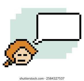 Cartoon pixel cute cartoon character face woman with chat blank decoration 8 bit female girl say speak discuss idea chat box cartoon pixel game 8bit png vector.