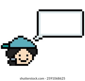 Cartoon pixel cute cartoon character face woman with chat blank decoration 8 bit female girl say speak discuss idea chat box cartoon pixel game 8bit vector.