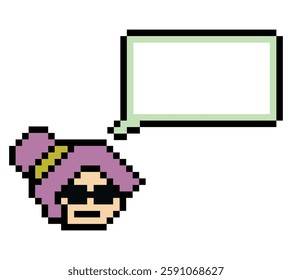 Cartoon pixel cute cartoon character face woman with chat blank decoration 8 bit female girl say speak discuss idea chat box cartoon pixel game 8bit vector.