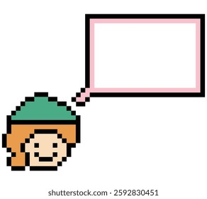 Cartoon pixel cute cartoon character face woman with chat blank decoration 8 bit female girl say speak discuss idea chat box cartoon pixel game 8bit vector.