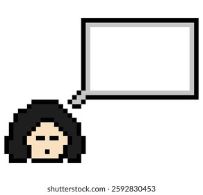 Cartoon pixel cute cartoon character face woman with chat blank decoration 8 bit female girl say speak discuss idea chat box cartoon pixel game 8bit vector.