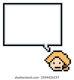 Cartoon pixel cute cartoon character face woman with chat blank decoration 8 bit female girl say speak discuss idea chat box cartoon pixel game 8bit vector.