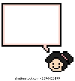 Cartoon pixel cute cartoon character face woman with chat blank decoration 8 bit female girl say speak discuss idea chat box cartoon pixel game 8bit vector.