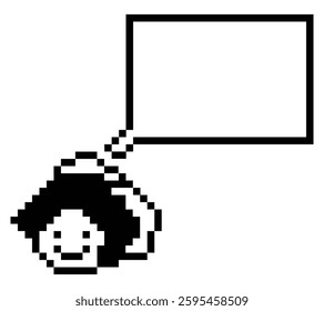 Cartoon pixel cute cartoon character face woman with chat blank decoration 8 bit female girl say speak discuss idea chat box cartoon pixel game 8bit vector.