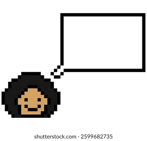 Cartoon pixel cute cartoon character face woman with chat blank decoration 8 bit female girl say speak discuss idea chat box cartoon pixel game 8bit vector.