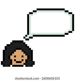 Cartoon pixel cute cartoon character face woman with chat blank decoration 8 bit female girl say speak discuss idea chat box cartoon pixel game 8bit vector.