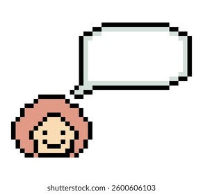 Cartoon pixel cute cartoon character face woman with chat blank decoration 8 bit female girl say speak discuss idea chat box cartoon pixel game 8bit vector.